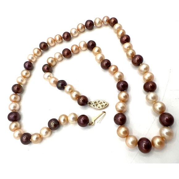 Freshwater Pearl Necklace Tricolor 14K Gold Clasp Hand Knotted Fine Jewelry Vtg - Picture 3 of 5